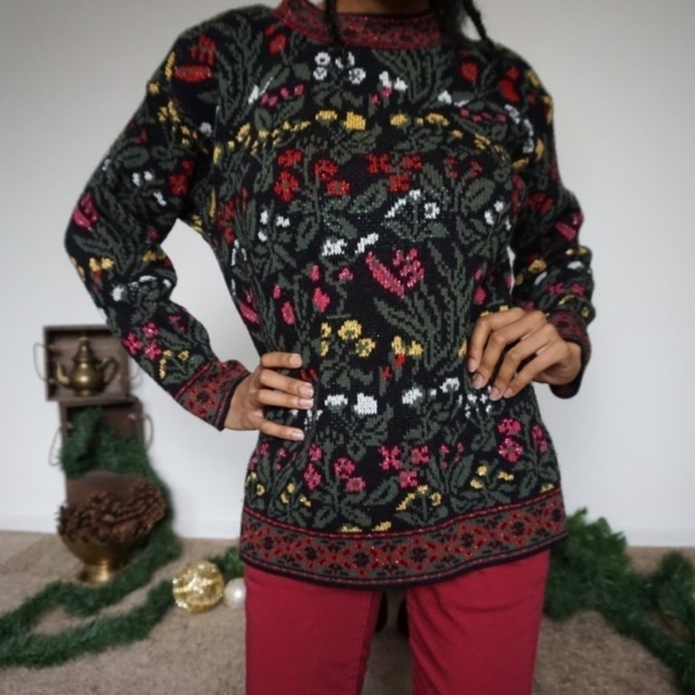 Mathias Vintage Floral Metallic Thread Tunic Length Sweater Sz M